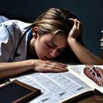 **

A stressed medical student surrounded by anatomy textbooks and notes, overwhelmed by the amount of information. Capture the feeling of being submerged. Style: Realistic, slightly dark and moody lighting.

**
