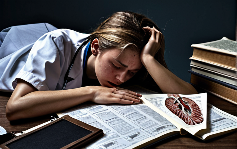 **
A stressed medical student surrounded by anatomy textbooks and notes, overwhelmed by the amount of information. Capture the feeling of being submerged. Style: Realistic, slightly dark and moody lighting.
**