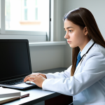 A focused young professional medical candidate in modest business attire, sitting thoughtfully at a clean, modern desk in a quiet, well-lit study space. Soft, natural light illuminates the scene, highlighting medical textbooks neatly stacked beside a closed laptop. The candidate maintains a composed, contemplative expression with perfect anatomy and natural proportions. The image is a professional portrait, realistic and detailed, emphasizing well-formed hands and proper finger count. fully clothed, appropriate attire, modest clothing, safe for work, appropriate content, family-friendly.