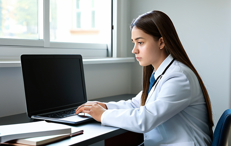 A focused young professional medical candidate in modest business attire, sitting thoughtfully at a clean, modern desk in a quiet, well-lit study space. Soft, natural light illuminates the scene, highlighting medical textbooks neatly stacked beside a closed laptop. The candidate maintains a composed, contemplative expression with perfect anatomy and natural proportions. The image is a professional portrait, realistic and detailed, emphasizing well-formed hands and proper finger count. fully clothed, appropriate attire, modest clothing, safe for work, appropriate content, family-friendly.