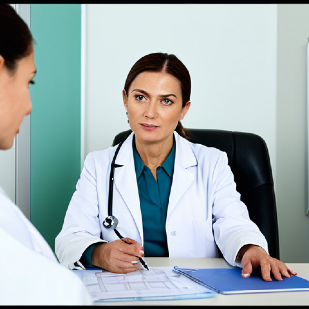 Doctor in consultation**

"A professional female doctor in a fully clothed, modest white coat, sits at her desk in a bright, modern consultation room. She is explaining something to a fully clothed, senior patient. Natural lighting, medical charts on the wall, safe for work, appropriate content, perfect anatomy, natural proportions, professional photography, family-friendly atmosphere."

**