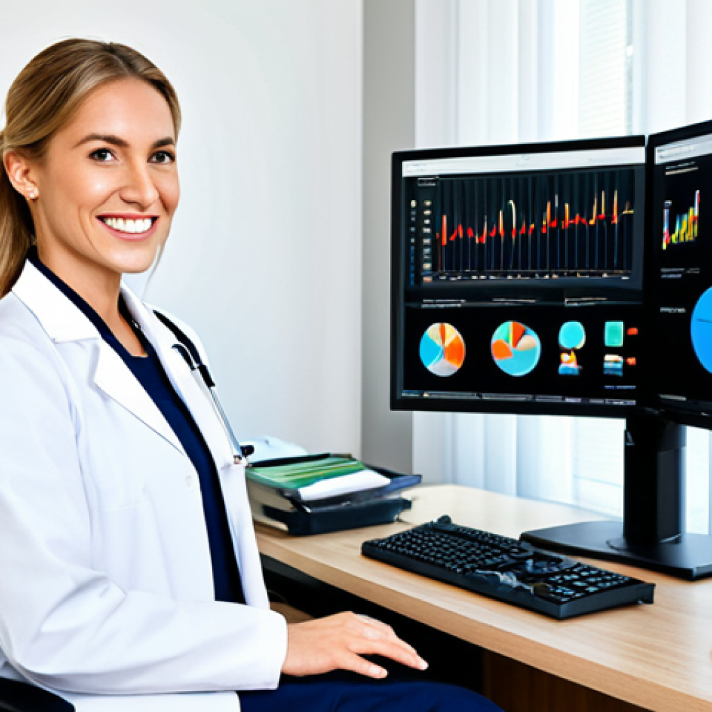 Organized Workspace**
"A clean and organized professional workspace with a woman doctor smiling, appropriate content, fully clothed, modest business attire, computer screen showing medical data, ergonomic chair, neat desk with minimal clutter, safe for work, perfect anatomy, natural proportions, professional photograph, family-friendly, bright natural lighting, indoor setting."
**