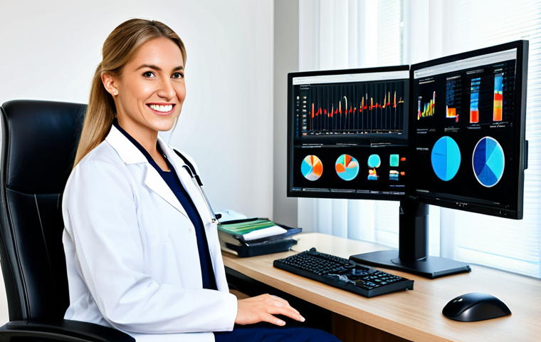 Organized Workspace**

"A clean and organized professional workspace with a woman doctor smiling, appropriate content, fully clothed, modest business attire, computer screen showing medical data, ergonomic chair, neat desk with minimal clutter, safe for work, perfect anatomy, natural proportions, professional photograph, family-friendly, bright natural lighting, indoor setting."

**