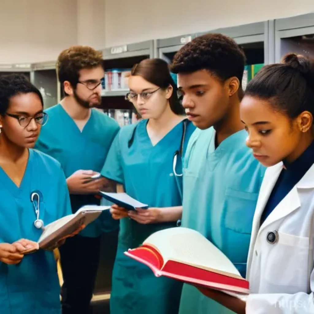 의사 자격증 관련 규정 - **Prompt:** A diverse group of ambitious young medical students, both male and female, diligently st...