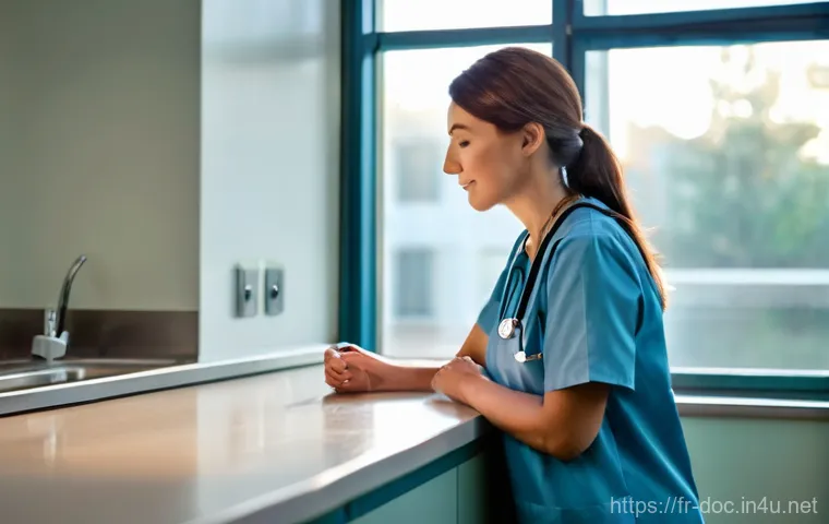 의료 종사자를 위한 스트레스 관리법 - **Prompt 1: Serene Moment in a Busy Day**
A compassionate female nurse, mid-thirties, with kind ...