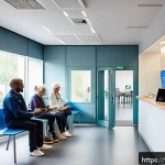 의료 서비스 개선 프로젝트 사례 - A modern French medical clinic waiting room with a diverse group of patients using digital tablets a...