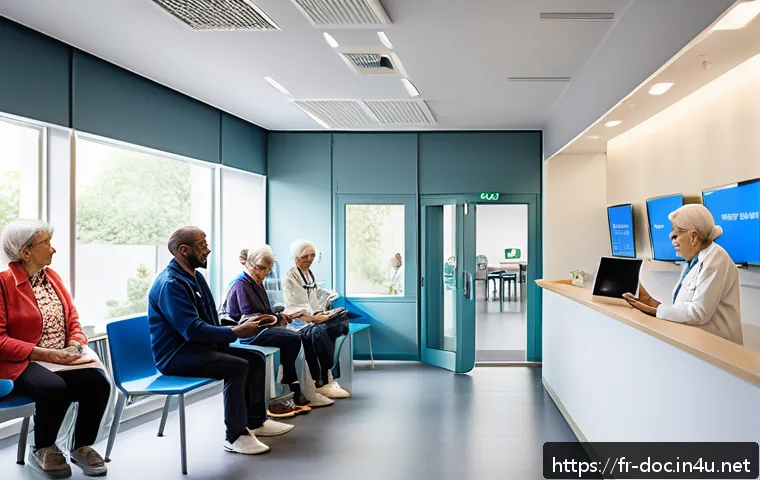 의료 서비스 개선 프로젝트 사례 - A modern French medical clinic waiting room with a diverse group of patients using digital tablets a...