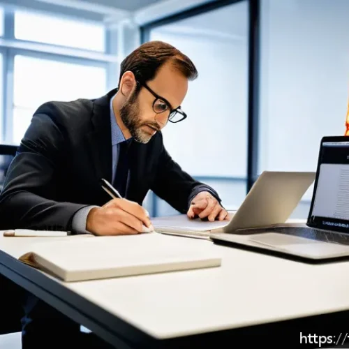 의학 논문 작성법 - A professional medical researcher writing a scientific article on a laptop in a modern office, surro...