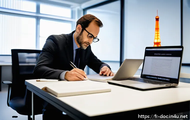 의학 논문 작성법 - A professional medical researcher writing a scientific article on a laptop in a modern office, surro...